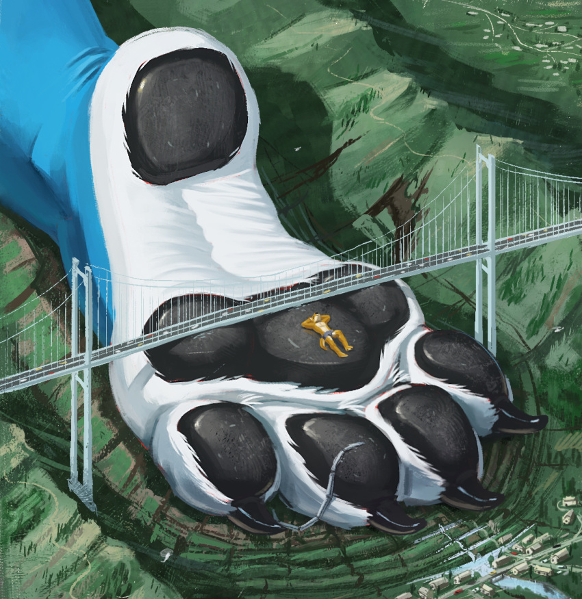 4_toes anthro barefoot black_pawpads bridge building canid canine canis claws destruction feet foot_fetish landscape macro male mammal micro mountain pawpads soles solo thb886 toes train vehicle wolf wolfie_(thb886)
