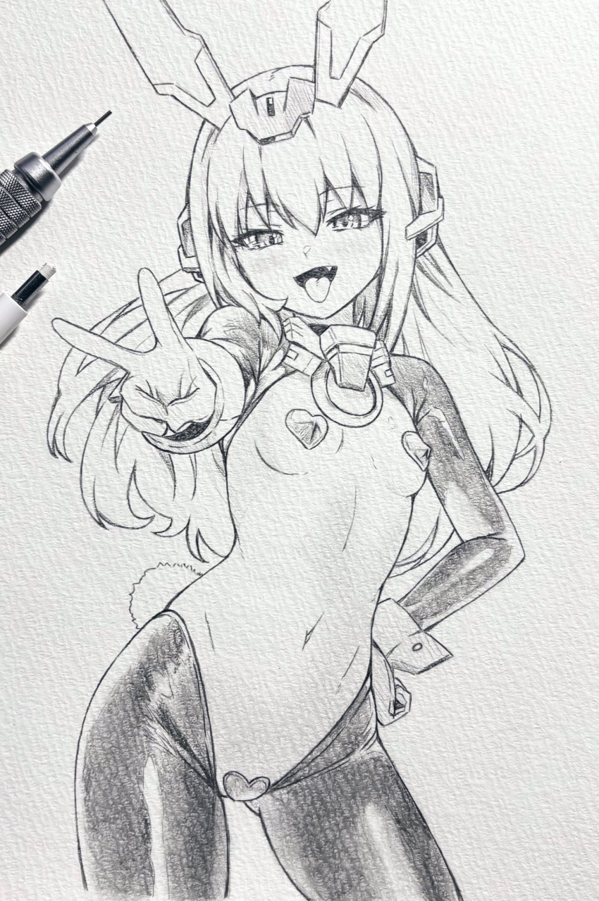 1girl art_tools_in_frame breasts canvas_texture character_request commentary_request copyright_request fang gloves graphite_(medium) greyscale hair_between_eyes heart_pasties highres linea_alba long_hair looking_at_viewer monochrome navel pasties petite rabbit_tail reverse_outfit seishun_dendeke sleeve_cuffs small_breasts solo tail traditional_media v
