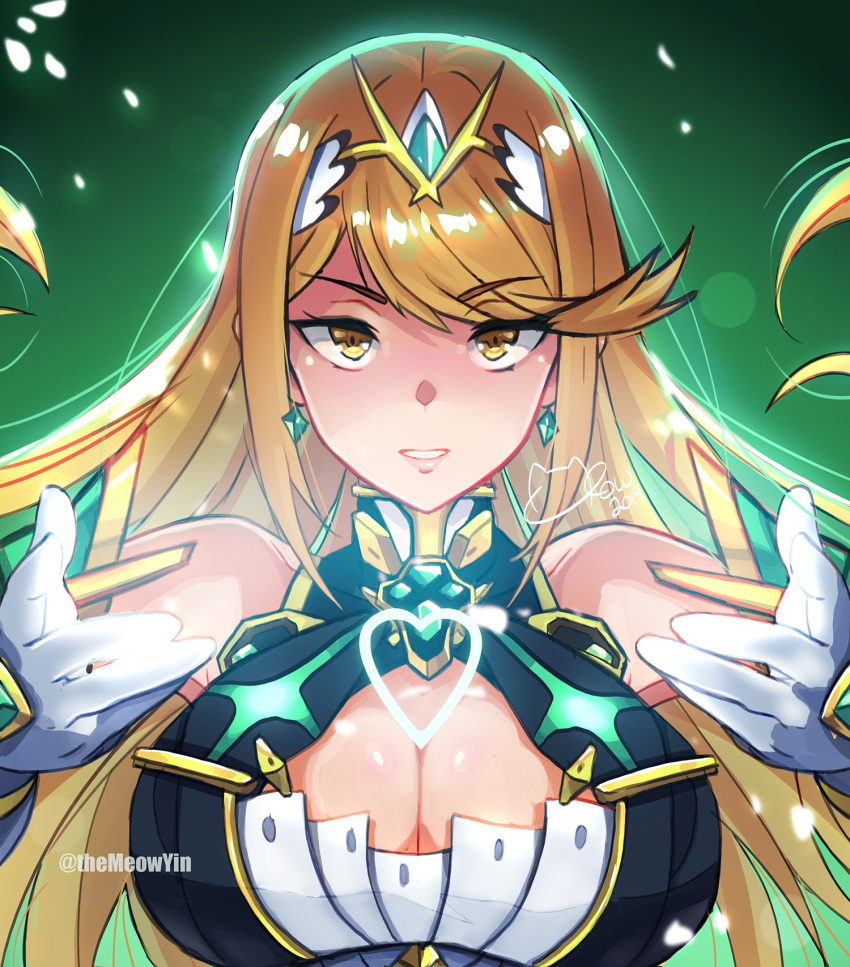 1girl bangs blonde_hair breasts circlet cleavage dress earrings gloves glowing green_background heart highres jewelry large_breasts long_hair looking_at_viewer meowyin mythra_(xenoblade) open_mouth teeth white_dress white_gloves xenoblade_chronicles_(series) xenoblade_chronicles_2 yellow_eyes