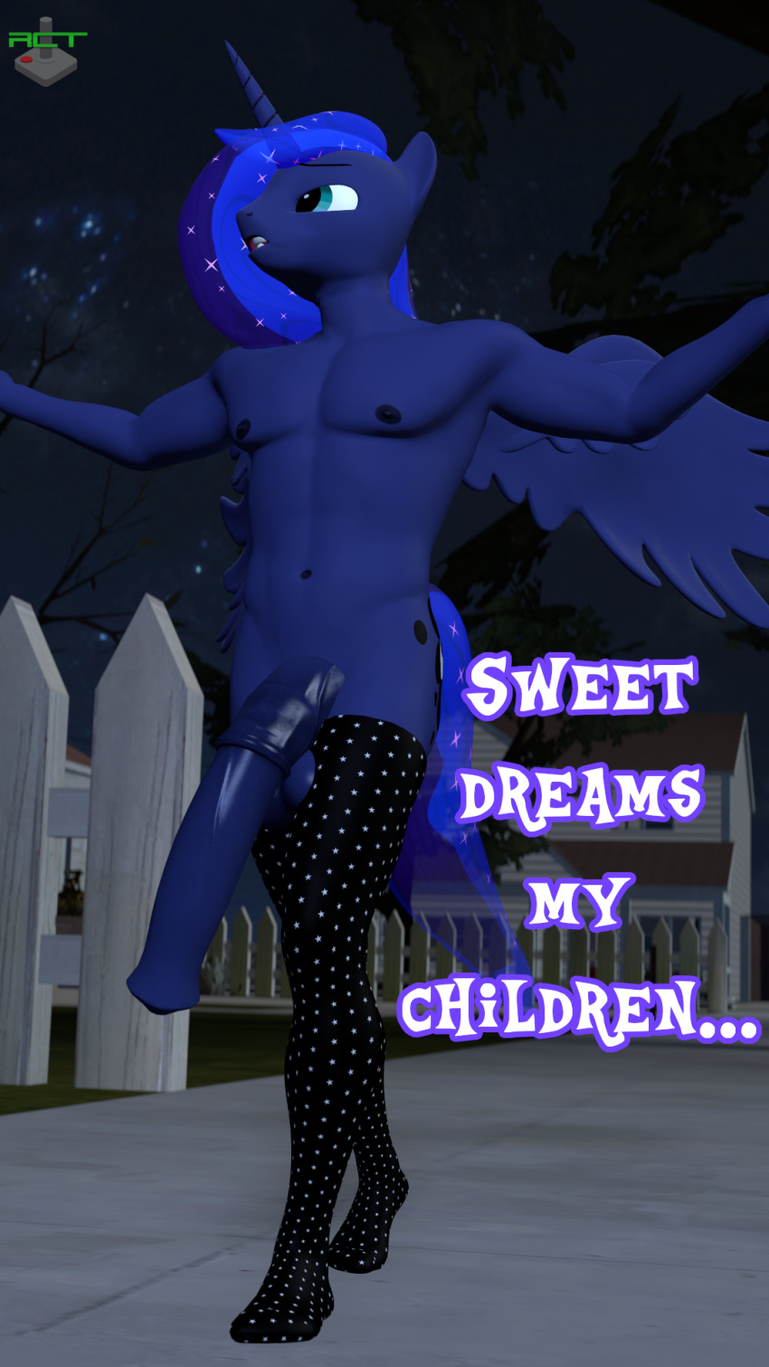 3d_(artwork) abs animal_genitalia animal_penis anthro anthrofied big_penis blue_body blue_eyes blue_fur blue_hair clothing crossgender cutie_mark digital_media_(artwork) equid equine equine_penis ethereal_hair ethereal_tail fence footwear friendship_is_magic ftm_crossgender fur genitals hair hasbro hi_res horn legwear male mammal medial_ring mostly_nude my_little_pony night penis picket_fence princess_luna_(mlp) ray_cyber_tech_(artist) socks sparkles thigh_highs thigh_socks winged_unicorn wings