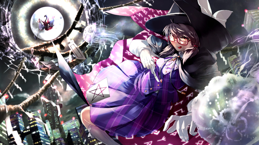 2girls arms_up ascot bangs bare_shoulders black_bow black_bowtie black_cloak black_headwear black_sky bow bowtie breasts brown_eyes brown_hair building buttons card city cloak cloud cloudy_sky collared_dress collared_shirt commentary_request detached_sleeves dress eyebrows_visible_through_hair flying full_moon glasses gloves gohei grey_bow grey_legwear hair_between_eyes hair_bow hair_ornament hair_tubes hakurei_reimu hand_up hands_up hat hat_bow highres jellyfish kirisame_tarou light long_hair long_sleeves looking_at_another looking_at_viewer medium_breasts moon moonlight multiple_girls night night_sky ofuda open_mouth plaid plaid_dress ponytail puffy_long_sleeves puffy_sleeves purple_cloak purple_skirt purple_vest red_bow red_dress shirt short_hair short_twintails skirt sky skyscraper smile socks star_(symbol) star_print teeth tongue touhou twintails usami_sumireko vest white_gloves white_shirt wide_sleeves window yellow_ascot