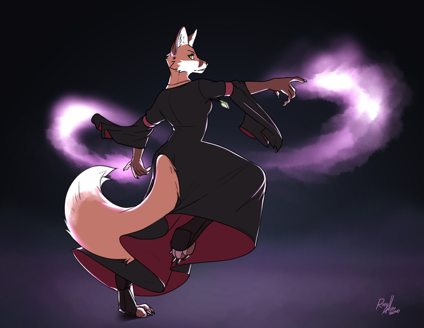 absurd_res anthro canid canine clothing emerald_(gem) female footwear fox gem gown green_eyes hi_res high_heels looking_at_viewer magic magic_user mammal night pawpads pendant rear_view russell_allen silva_vernalis sketch smoke solo spell story story_in_description tiptoes toeless_footwear witchcraft
