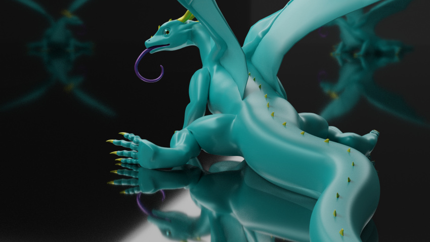 3d_(artwork) 4_toes ambiguous_gender black_betty_(meme) blue_body claws digital_media_(artwork) dragon feet feral hi_res horn looking_at_viewer membrane_(anatomy) membranous_wings nystemy_(artist) nystemy_(character) purple_tongue raytraced reflective_floor sitting solo thick_tail toes tongue tongue_out tongue_swirl wings yellow_claws yellow_horn yellow_spikes