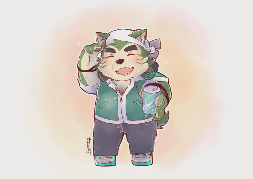 anthro bandanna beverage blush canid canine canis chibi clothing domestic_dog fur green_body green_fur hi_res igarashi_ta jacket kerchief lifewonders live-a-hero male mammal mokdai slightly_chubby solo topwear video_games