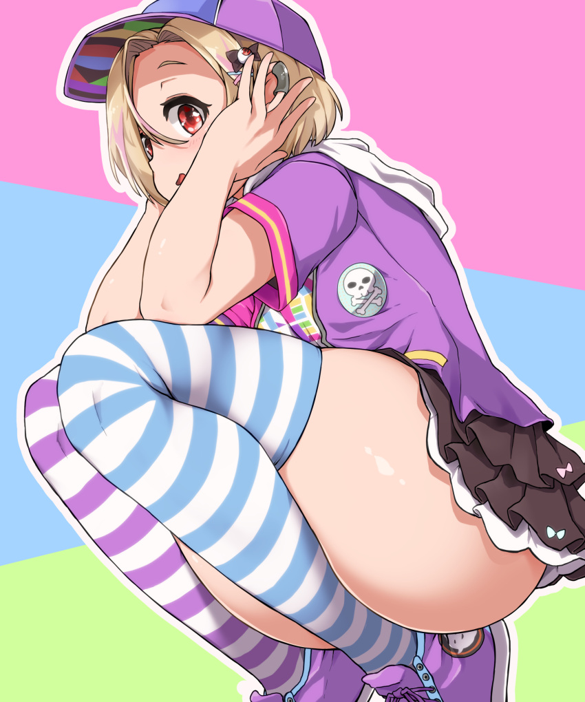 1girl absurdres aki_(sangetusei) baseball_cap blonde_hair blue_background blue_headwear blue_legwear blush brown_skirt commentary_request ear_piercing feet_out_of_frame green_background hair_between_eyes hair_ornament hairclip hands_on_own_head hat highres idolmaster idolmaster_cinderella_girls looking_at_viewer looking_to_the_side multicolored_background open_mouth outline piercing pink_background purple_footwear purple_headwear purple_legwear red_eyes shadow shirasaka_koume short_sleeves skirt skull_and_crossbones solo squatting striped striped_legwear tareme thick_thighs thighhighs thighs white_outline