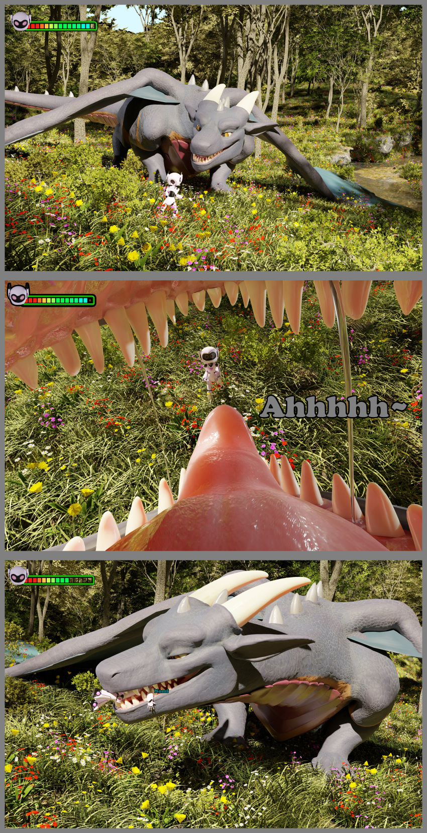 3d_(artwork) absurd_res anthro bodily_fluids bunsen claws digital_media_(artwork) dragon duo feral gameplay_mechanics health_bar hi_res horn kumoriga machine macro male male/male membrane_(anatomy) membranous_wings micro open_mouth oral_vore paws robot saliva scalie size_difference teeth tongue tongue_out vore western_dragon wings