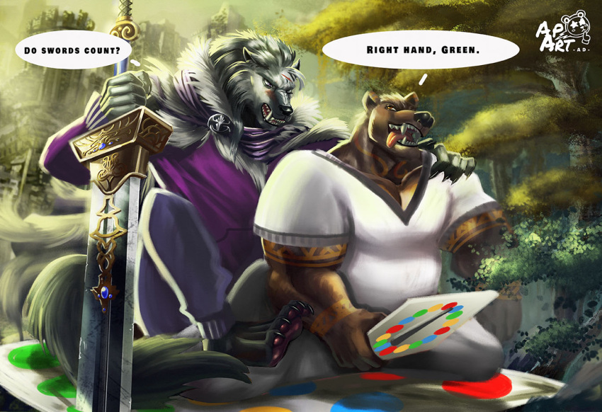 anthro astropandaart blaidd_(elden_ring) canid canine canis duo elden_ring feet fromsoftware game_(disambiguation) male male/male mammal melee_weapon muscular runebear sword tongue tongue_out ursid video_games weapon wolf