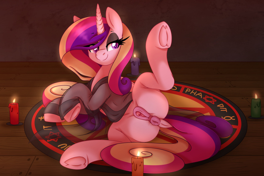 absurd_res anus candle equid equine female feral friendship_is_magic genitals hasbro hi_res horn lit_candle magic magic_circle mammal my_little_pony pearlyiridescence princess_cadance_(mlp) pussy spread_legs spreading winged_unicorn wings