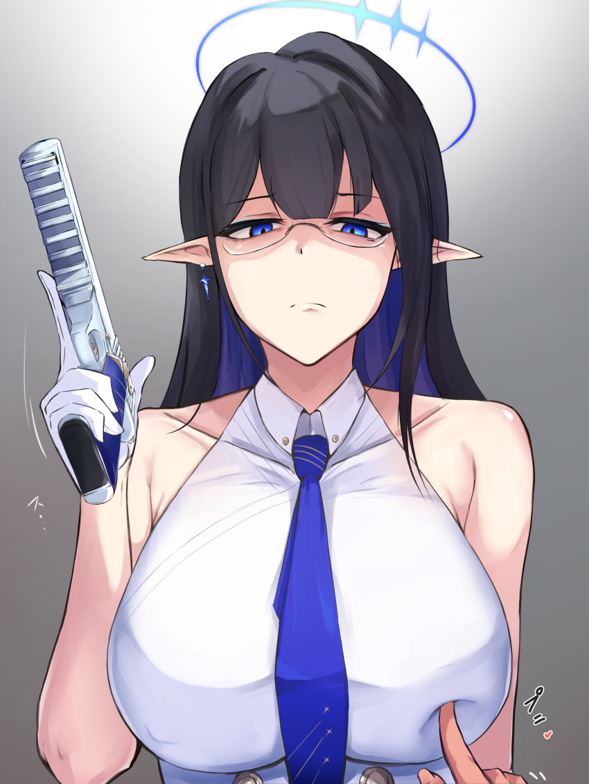 1girl absurdres bare_shoulders black_hair blue_archive blue_eyes blue_hair blue_necktie breasts colored_inner_hair desert_eagle disgust earrings gloves gun handgun highres holding holding_gun holding_weapon jewelry large_breasts long_hair looking_at_viewer multicolored_hair necktie nipple_rub pistol pointy_ears rin_(blue_archive) shaded_face shirt single_earring sleeveless sleeveless_shirt solo_focus tyamurai33 upper_body weapon white_gloves