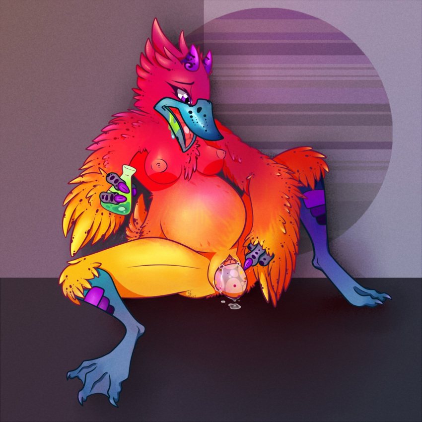 anatid anseriform anthro avian belly big_belly bird bodily_fluids bodily_fluids_from_pussy concerned drooling duck egg erect_nipples feathers female gasping gettingeggywithit hi_res horn membrane_(anatomy) monster nipples oviposition potion potion_bottle saliva simple_background solo spread_legs spreading stretching_pussy webbed_feet