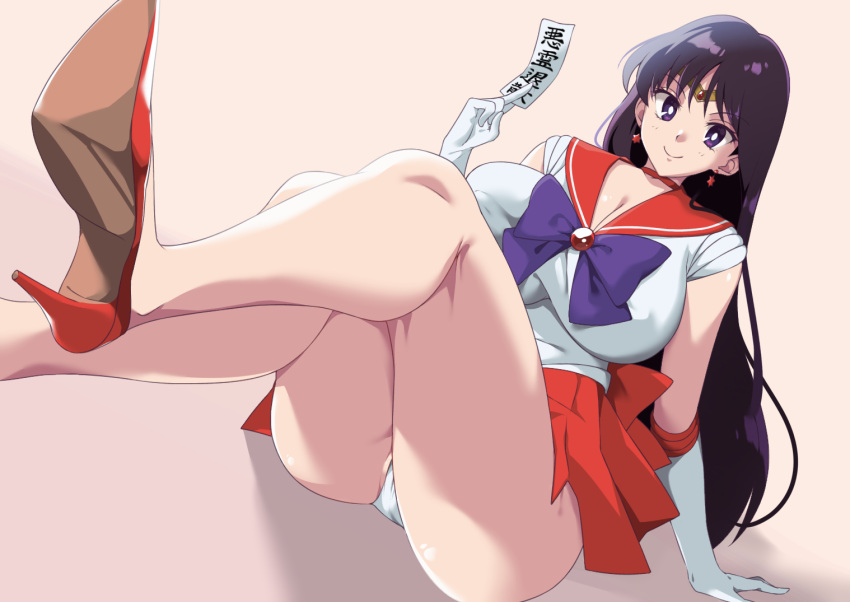 163_(shiromeshi) 1girl ass bishoujo_senshi_sailor_moon breasts cleavage commission elbow_gloves gloves hino_rei large_breasts long_hair panties purple_eyes red_sailor_collar sailor_collar sailor_mars sailor_senshi sailor_senshi_uniform skeb_commission thighs underwear very_long_hair white_gloves