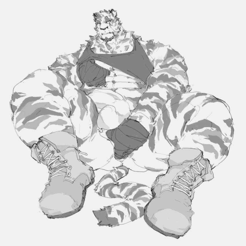 abs anal anal_fingering anal_masturbation anthro arknights beard bent_legs big_hands boots bottomless bottomless_male clothed clothing facial_hair facial_scar felid fingering fingering_self footwear goatee groping_breasts groping_self hand_wraps hi_res hypergryph looking_at_viewer male mammal masturbation mountain_(arknights) muscle_shirt muscular_arms muscular_legs pantherine pec_grasp phosbara scar shoelaces solo spread_legs spreading studio_montagne tiger tiger_stripes video_games wraps