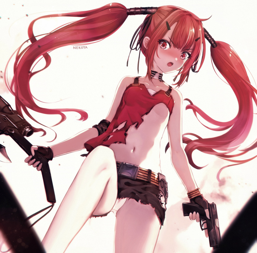 1girl artist_name axe bangs bare_shoulders belt belt_buckle black_gloves black_ribbon black_skirt blurry blurry_foreground blush brown_belt buckle camisole collarbone commentary_request cz-75 cz75_(girls'_frontline) depth_of_field eyebrows_visible_through_hair fingerless_gloves girls'_frontline gloves gun hair_ornament hair_ribbon hairclip handgun highres holding holding_gun holding_weapon long_hair looking_at_viewer nekoya_(liu) open_mouth panties red_camisole red_eyes red_hair revision ribbon round_teeth sidelocks skirt solo teeth torn_clothes torn_skirt twintails underwear upper_teeth v-shaped_eyebrows very_long_hair weapon white_panties