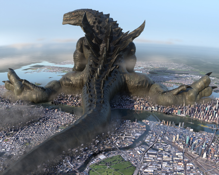 ambiguous_gender black_betty_(meme) black_body city cloud destruction feral godzilla godzilla_(series) hi_res kaiju landscape_dwarfing lizard looking_at_viewer looking_back macro manhattan new_york_city reptile scalie skyscraper solo spines spread_legs spreading thick_tail toho tooeks