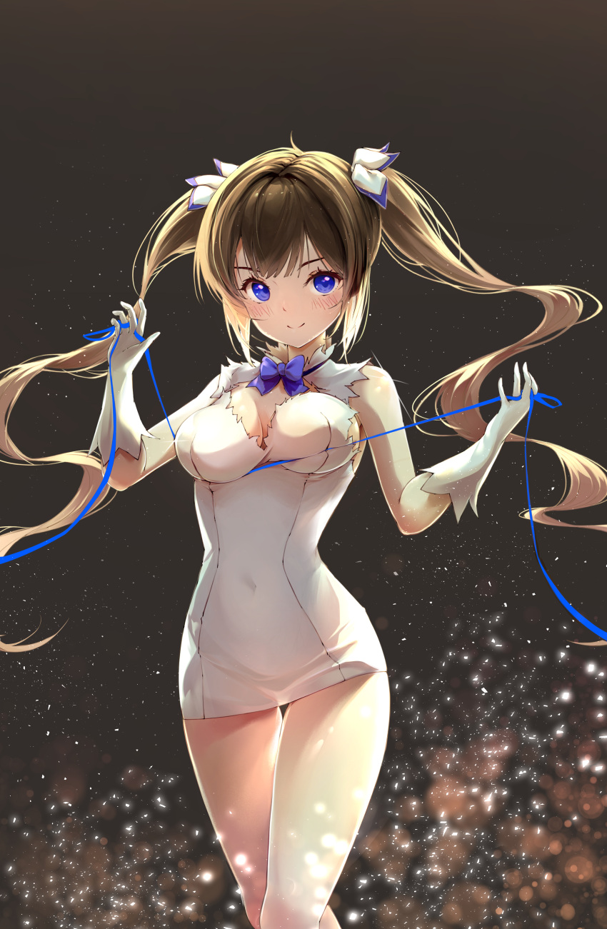 1girl absurdres backlighting bare_legs black_background black_hair blue_bow blue_bowtie blue_eyes blue_ribbon blush bow bowtie breasts cleavage cleavage_cutout closed_mouth clothing_cutout covered_navel cowboy_shot crossed_legs deep_skin dress dungeon_ni_deai_wo_motomeru_no_wa_machigatteiru_darou_ka eunip floating_hair gloves hestia_(danmachi) highres large_breasts light_particles long_hair looking_at_viewer narrow_waist pencil_dress rei_no_himo ribbon short_dress sidelocks simple_background smile solo thigh_gap twintails white_dress white_gloves