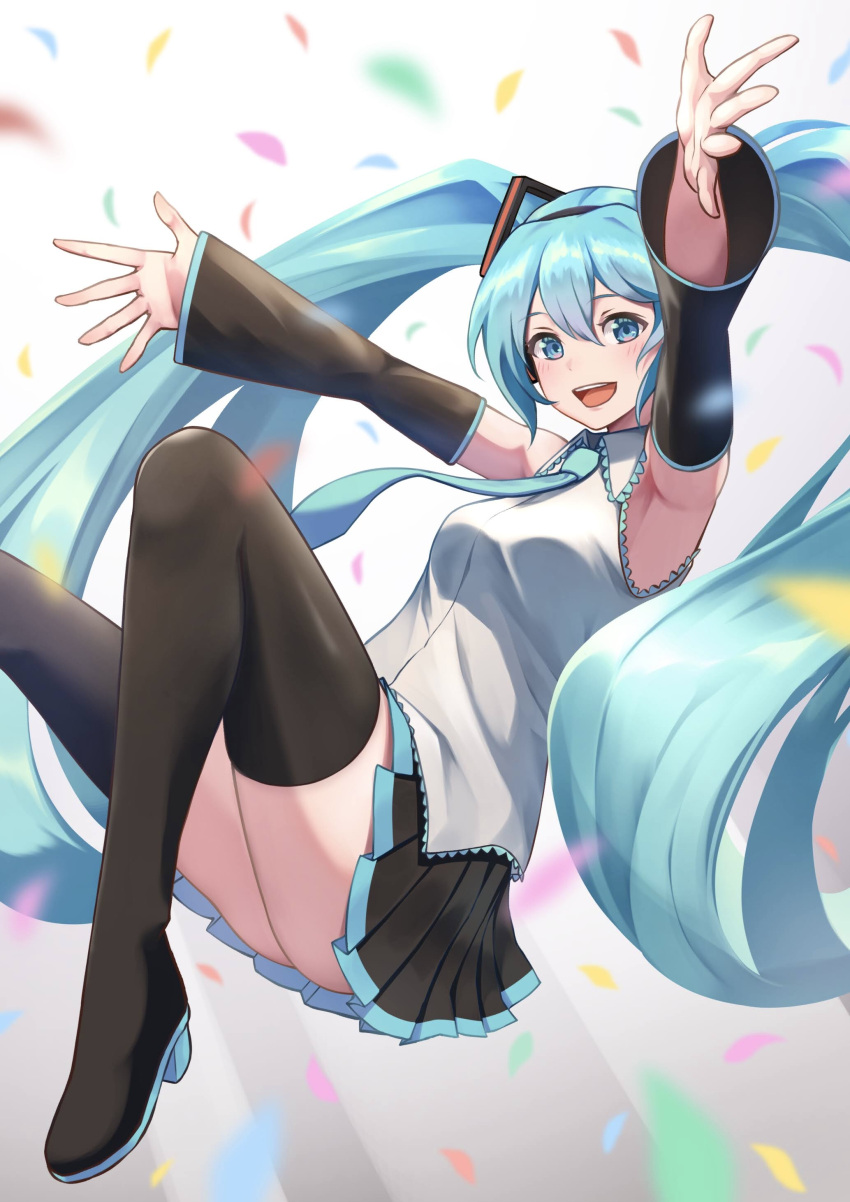 1girl :d absurdres armpits bangs black_footwear black_skirt black_sleeves blue_eyes blue_hair blue_necktie blush boots collared_shirt detached_sleeves dress_shirt floating_hair hair_between_eyes hair_ornament hatsune_miku highres long_hair long_sleeves looking_at_viewer miniskirt necktie open_mouth outstretched_arms outstretched_hand painapo pleated_skirt shiny shiny_hair shirt skirt sleeveless sleeveless_shirt smile solo thigh_boots thighhighs twintails very_long_hair vocaloid white_shirt wing_collar zettai_ryouiki