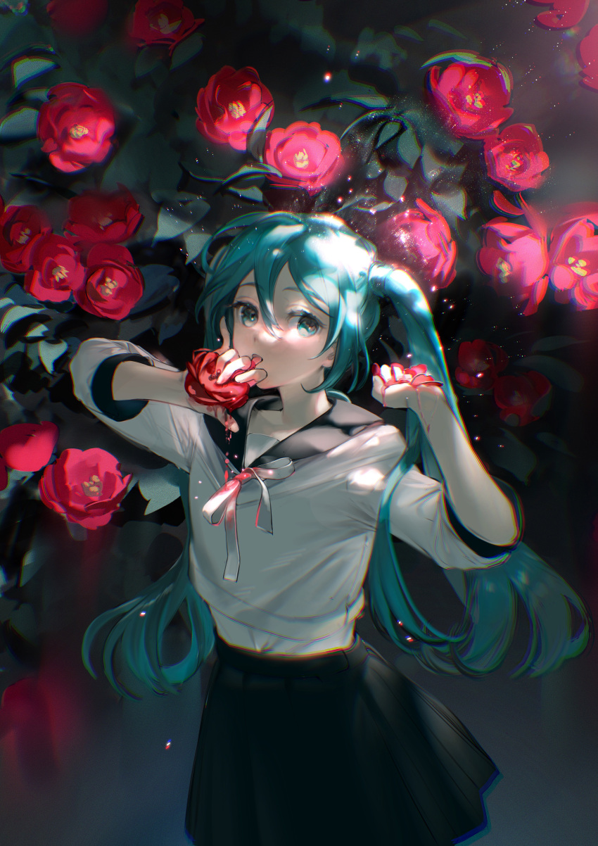 1girl absurdres aqua_eyes aqua_hair bangs black_skirt blurry camellia cowboy_shot crushing dappled_sunlight flower hair_between_eyes hands_up hatsune_miku highres holding holding_flower licking licking_hand light_particles liquid long_hair looking_at_viewer miniskirt neck_ribbon plant red_flower ribbon rumoon school_uniform serafuku shirt shirt_overhang skirt sleeves_past_elbows smeared_blood solo sunlight twintails undershirt vocaloid white_ribbon white_shirt