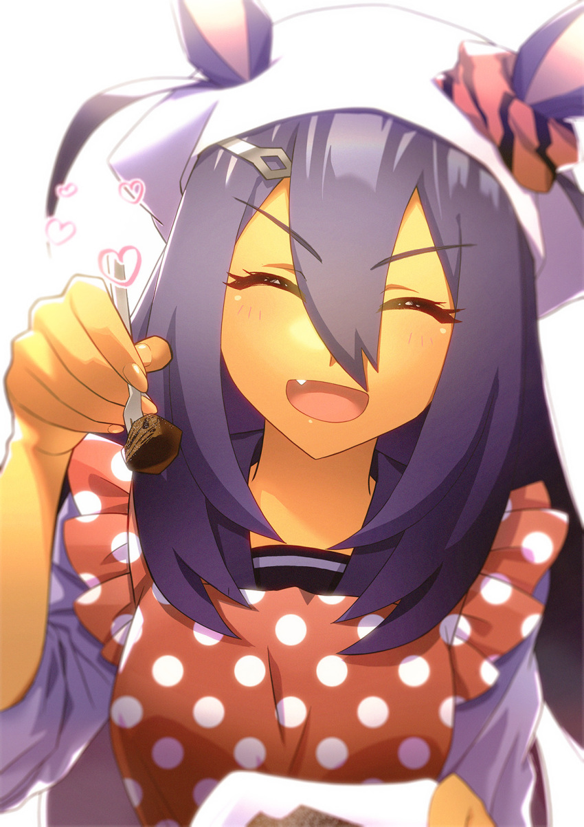 1girl animal_ears apron blurry circulatormai closed_eyes dark-skinned_female dark_skin depth_of_field ears_through_headwear fang feeding fork hair_between_eyes hair_ornament hairclip head_scarf heart highres hishi_amazon_(umamusume) holding holding_fork horse_ears long_hair long_sleeves open_mouth polka_dot polka_dot_apron purple_hair purple_shirt shirt smile solo umamusume upper_body valentine