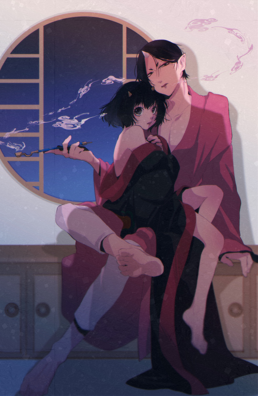 1boy 1girl absurdres black_hair highres hoicyo hoozuki_(hoozuki_no_reitetsu) hoozuki_no_reitetsu horns hug japanese_clothes looking_at_viewer on_lap oni_horns peach_maki pipe short_hair smoke smoking window