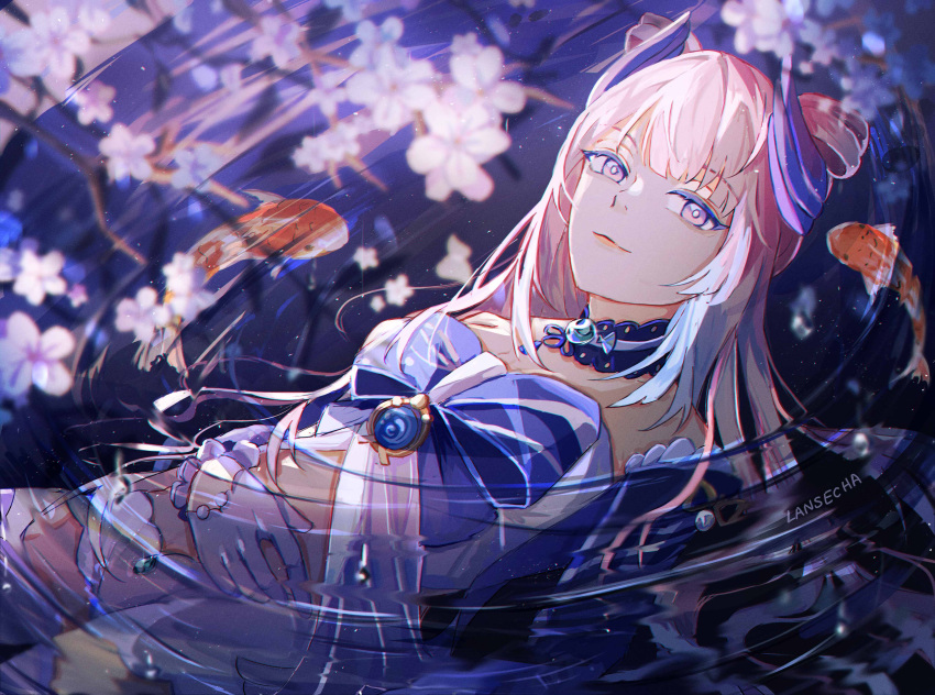 1girl absurdres afloat artist_name bangs blue_hair blunt_bangs bow branch breasts cherry_blossoms colored_tips commentary_request fish floating frilled_sleeves frills genshin_impact gloves goldfish gradient_hair half_gloves hand_on_own_stomach highres lansecha large_bow light_smile long_hair looking_at_viewer lying multicolored_hair on_back partially_submerged pink_eyes pink_hair pink_lips purple_eyes ripples sangonomiya_kokomi signature small_breasts solo upper_body vision_(genshin_impact) water wide_sleeves
