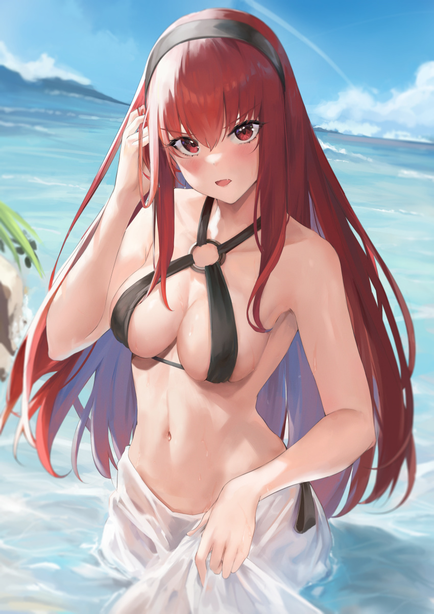 1girl absurdres alternate_costume aoi_13 bangs beach bikini blurry blurry_background blush breasts cleavage cleavage_cutout clothing_cutout cloud cloudy_sky crotch_cutout curvy detached_collar eyebrows_visible_through_hair fang hair_between_eyes hair_ornament hand_on_own_head highres holding holding_clothes in_water island long_hair looking_at_viewer medium_breasts midriff navel navel_cutout open_mouth outdoors punishing:_gray_raven red_eyes red_hair see-through see-through_skirt skirt sky solo sunlight swimsuit vera_(punishing:_gray_raven) waves wet wet_clothes