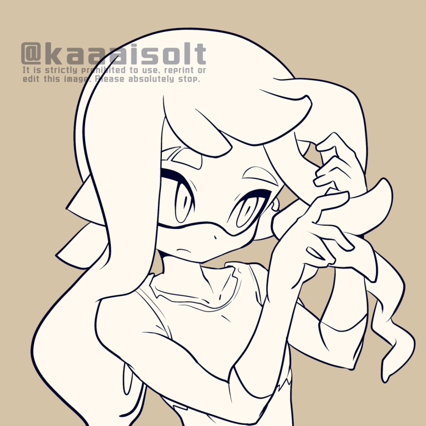 1girl bangs closed_mouth frown head_tilt highres holding holding_hair inkling kaaaisolt looking_to_the_side monochrome pointy_ears simple_background solo splatoon_(series) tank_top tentacle_hair twitter_username upper_body white_background white_hair