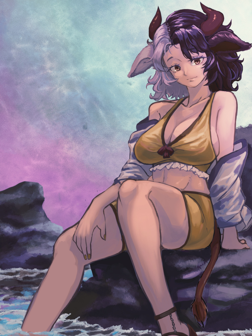 1girl absurdres animal_ears animal_print black_hair breasts chain cleavage commentary_request cow_ears cow_horns cow_print cow_tail crop_top frilled_shorts frills grey_hair haori highres horns japanese_clothes kaden_(muxt8423) large_breasts midriff multicolored_hair nail_polish outdoors pink_sky red_horns red_tail rock sandals shorts sideboob sitting soaking_feet solo split-color_hair stone tail tank_top thighs touhou two-tone_hair ushizaki_urumi water yellow_nails yellow_shorts yellow_tank_top