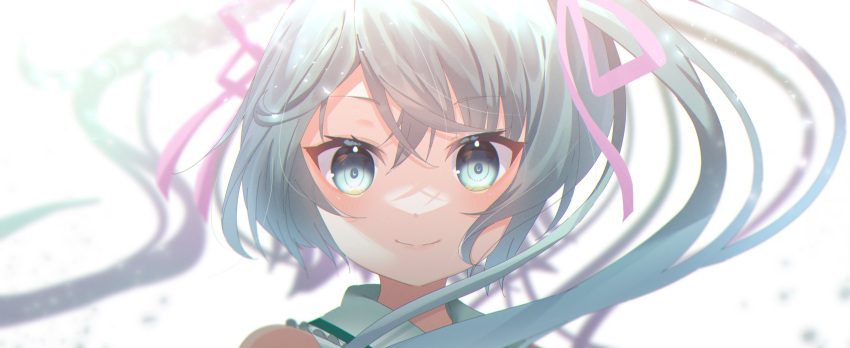 1girl absurdres bangs bare_shoulders blue_eyes blue_hair blurry blurry_background closed_mouth depth_of_field eyebrows_visible_through_hair hair_between_eyes hair_ribbon hatsune_miku highres kazama_gorou long_hair pink_ribbon portrait ribbon smile solo twintails vocaloid white_background