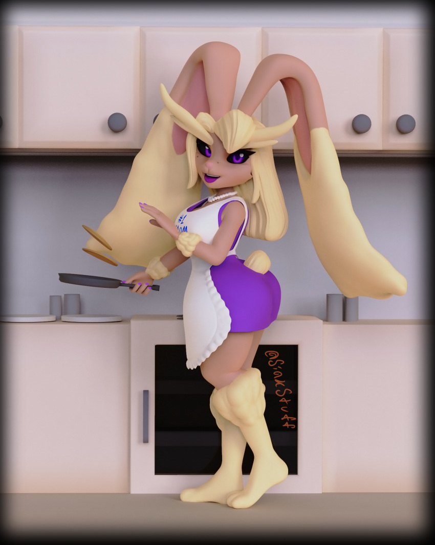 3d_(artwork) anthro apron big_butt black_sclera blonde_hair butt clothing cooking cookware digital_media_(artwork) dress female food frying_pan hair hi_res huge_ears jewelry kitchen kitchen_utensils lagomorph leporid lips looking_at_viewer lopunny mammal markings mole_(marking) necklace nintendo pancake pok&eacute;mon pok&eacute;mon_(species) purple_clothing purple_dress purple_eyes purple_lips rabbit siakstuff solo tools video_games