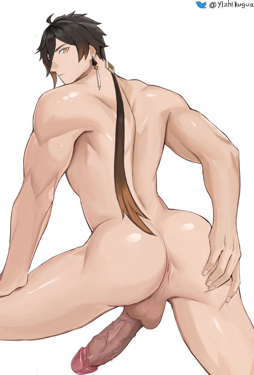 1boy absurdres ahoge anus ass ass_grab bangs black_hair brown_eyes brown_hair completely_nude cowboy_shot earrings erection expressionless from_behind genshin_impact grabbing_own_ass gradient gugurend hand_on_own_thigh highres jewelry large_penis legs_apart long_hair looking_at_viewer looking_back male_focus muscular muscular_male nude penis perineum ponytail presenting profile shiny shiny_skin simple_background solo spread_ass testicles twitter_username uncensored veins veiny_penis zhongli_(genshin_impact)