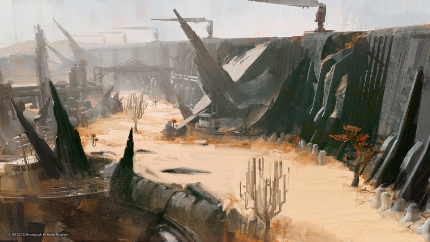 arknights arknights:_endfield boat broken commentary company_name concept_art copyright crystal desert english_commentary highres no_humans official_art originium_(arknights) outdoors pipes sand scenery science_fiction tree watercraft watermark