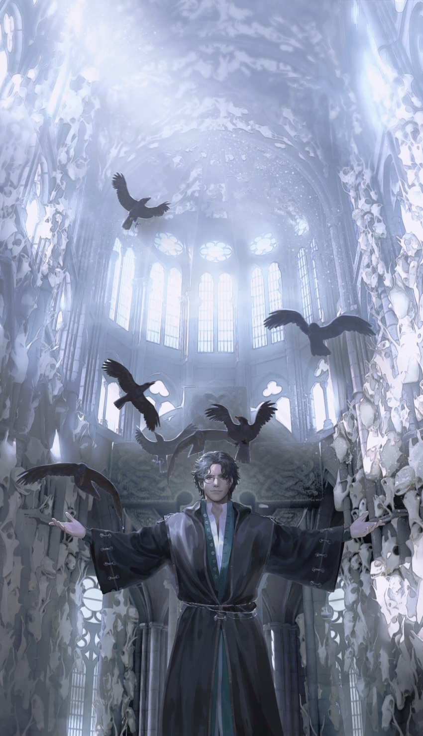 1boy absurdres amon_(lord_of_the_mysteries) angel animal_skull bangs bird black_eyes black_hair black_robe cathedral chinese_commentary church_interior commentary_request crow cupola highres indoors lips long_sleeves looking_at_viewer lord_of_the_mysteries monocle open_arms pillar shirt short_hair skull smile sunlight white_shirt window yinyoushirenmaotouying