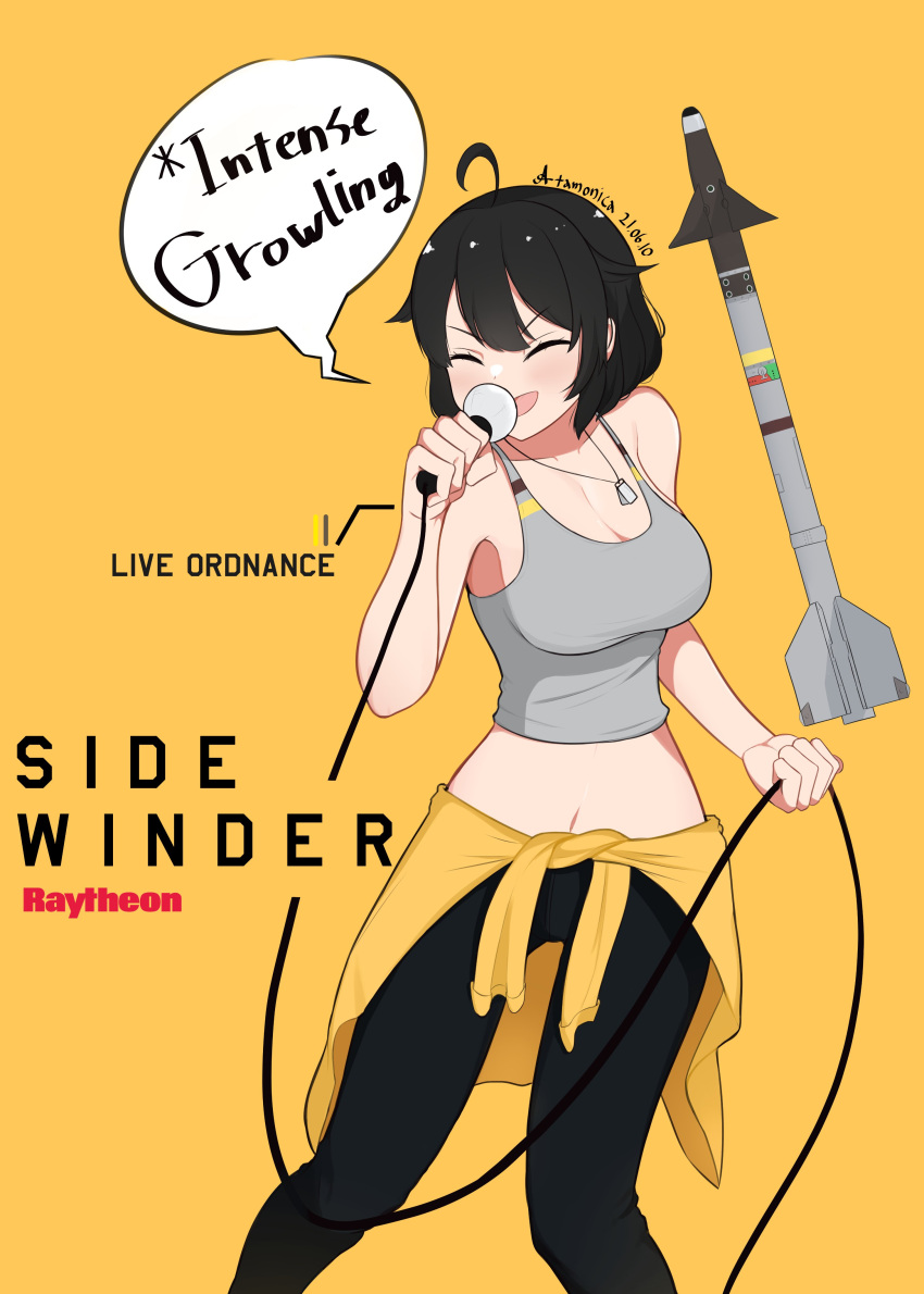 1girl absurdres ahoge aim-9_sidewinder artist_name atamonica black_hair breasts character_name cleavage closed_eyes clothes_around_waist commentary company_name dog_tags english_commentary english_text highres microphone microphone_cord missile original pants speech_bubble sweater sweater_around_waist tank_top