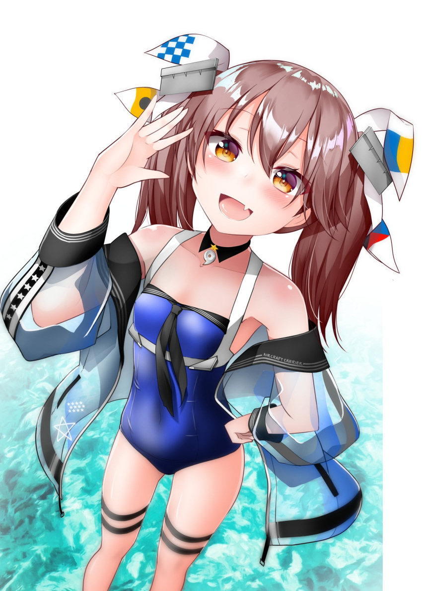 1girl bare_legs bare_shoulders blue_swimsuit blush brown_eyes brown_hair collarbone cosplay eyebrows_visible_through_hair fang feet_out_of_frame hair_between_eyes highres johnston_(kancolle) johnston_(kancolle)_(cosplay) kantai_collection kirigakure_(kirigakure_tantei_jimusho) long_hair magatama one-piece_swimsuit open_mouth ryuujou_(kancolle) smile solo swimsuit twintails