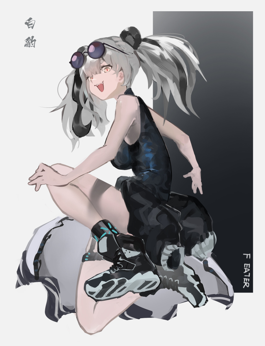 1girl absurdres animal_ears arknights bare_shoulders black_hair black_shirt breasts cleavage cleavage_cutout clothing_cutout dress eyewear_on_head feater_(arknights) full_body highres large_breasts looking_at_viewer multicolored_hair open_mouth panda_ears pascaldinger shirt shoes silver_hair sleeveless sleeveless_shirt smile solo streaked_hair sunglasses twintails white_background