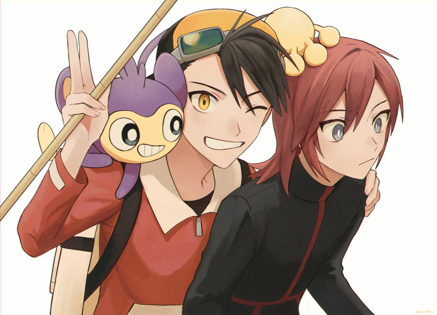 2boys aipom backwards_hat bangs baseball_cap black_jacket black_shirt bright_pupils closed_mouth ethan_(pokemon) goggles goggles_on_headwear grey_eyes grin hair_between_eyes hand_on_another's_shoulder hat highres holding jacket long_hair male_focus multiple_boys on_shoulder one_eye_closed pokemon pokemon_(creature) pokemon_adventures pokemon_on_shoulder red_hair red_jacket shirt silber_1224 silver_(pokemon) smile white_pupils yellow_eyes zipper_pull_tab