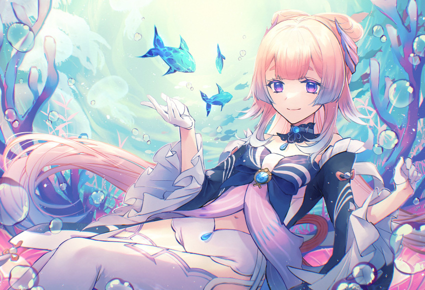 1girl blue_eyes bow bowtie coral_reef fish frilled_sleeves frills genshin_impact gloves highres long_hair navel ocean pink_hair purple_eyes sangonomiya_kokomi shi_gnsn short_shorts shorts smile solo thighhighs underwater water_drop white_gloves white_legwear white_shorts wide_sleeves