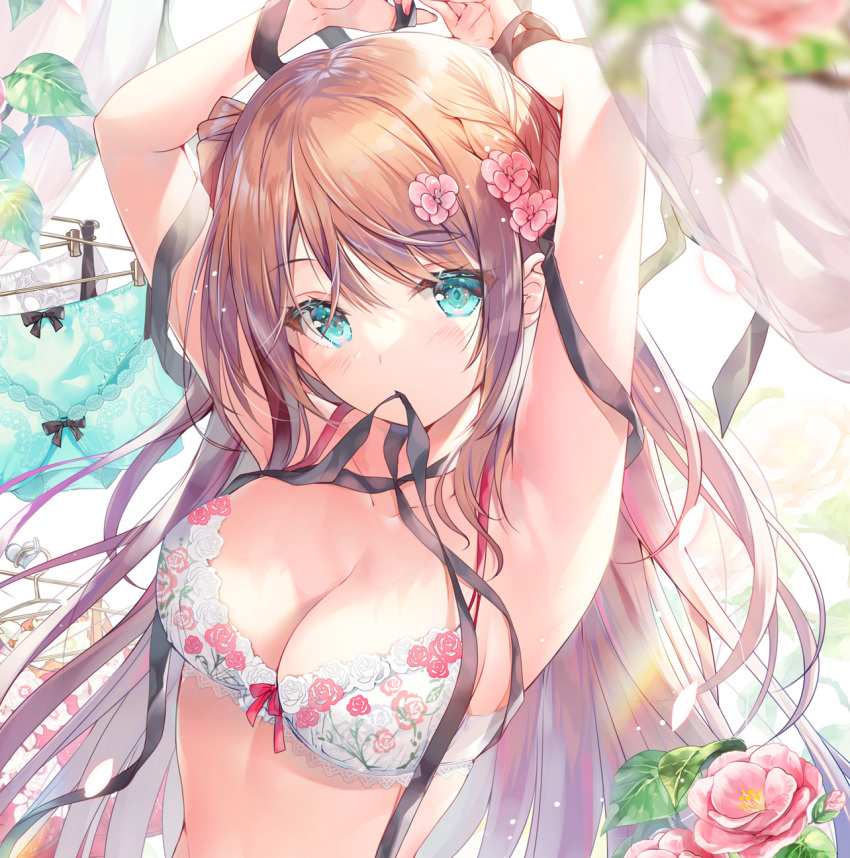 1girl armpits arms_up bare_arms bare_shoulders blue_eyes bra breasts brown_hair cleavage flower hair_flower hair_ornament hair_ribbon highres lingerie long_hair looking_at_viewer medium_breasts miwabe_sakura mouth_hold original pink_flower ribbon solo underwear underwear_only upper_body white_bra