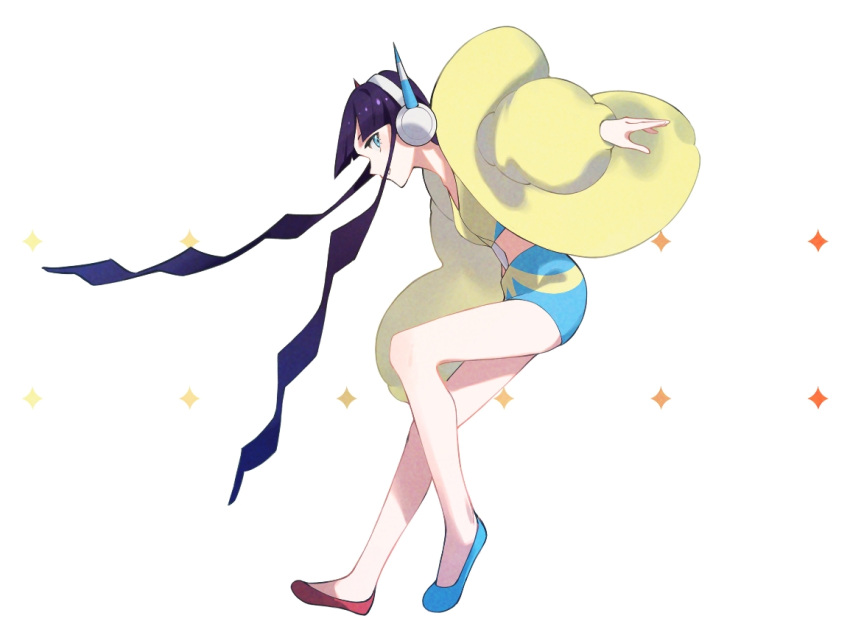 1girl aoi_(altea0923) asymmetrical_footwear bangs bike_shorts blue_eyes blunt_bangs breasts buckle commentary_request crop_top elesa_(pokemon) flats from_side full_body fur_jacket headphones jacket long_sleeves looking_at_viewer open_clothes open_jacket pokemon pokemon_(game) pokemon_bw2 purple_hair short_hair_with_long_locks sideways_glance solo white_background yellow_jacket