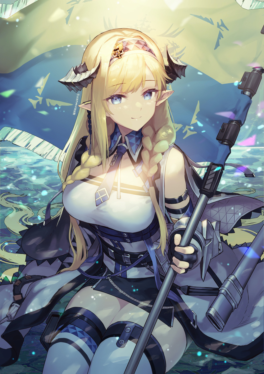 1girl absurdres arknights arm_strap bangs bare_shoulders blonde_hair blue_eyes blue_necktie breasts commentary eyebrows_visible_through_hair flag hairband highres holding holding_flag horns large_breasts long_hair looking_at_viewer nakamura_eight necktie pointy_ears saileach_(arknights) shirt smile solo thighhighs thighs very_long_hair white_legwear white_shirt