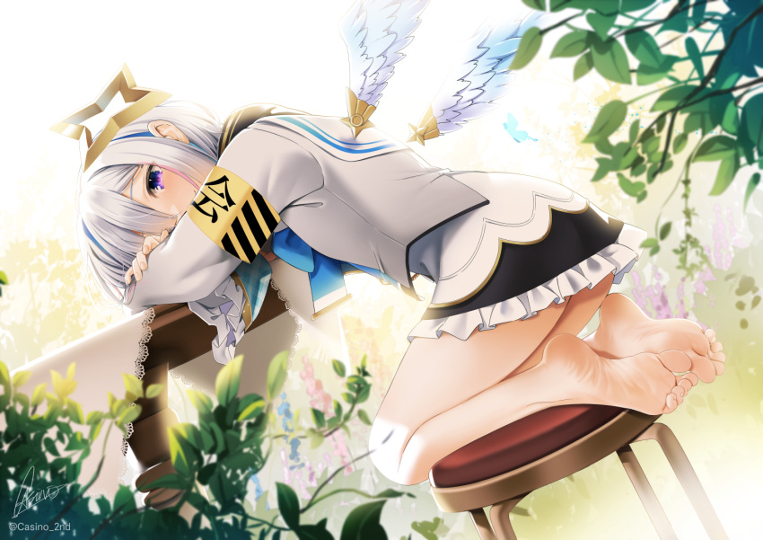 1girl amane_kanata angel angel_wings arm_pillow armband bangs bare_legs barefoot black_skirt blue_hair casino_(casinoep) feet frilled_skirt frilled_sleeves frills full_body grey_jacket halo hololive jacket long_sleeves looking_at_viewer multicolored_hair plant purple_eyes shirt short_hair signature silver_hair skirt soles solo star_halo streaked_hair table toes twitter_username virtual_youtuber white_shirt wings