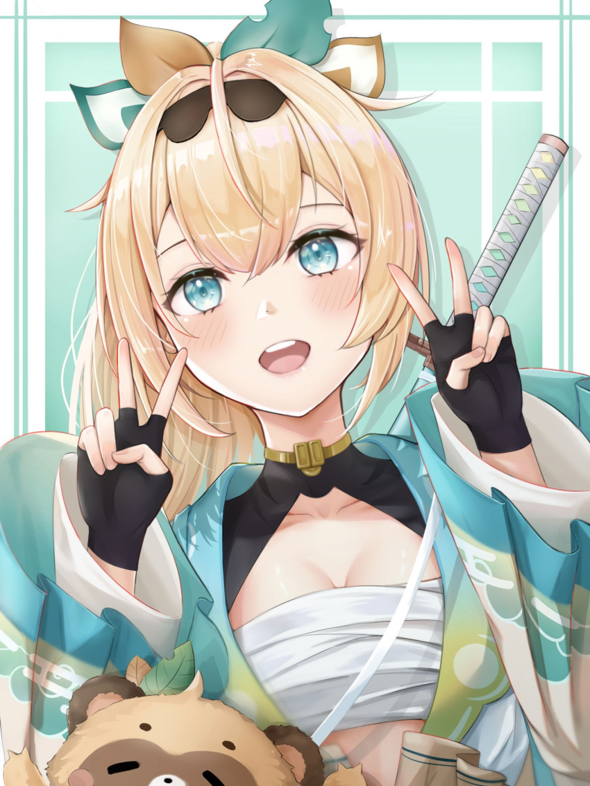 1girl :d bangs black_gloves blonde_hair blue_eyes blush breasts chest_sarashi cleavage double_v fingerless_gloves gloves hair_ornament hands_up haori highres hololive holox japanese_clothes kazama_iroha kimono leaf_hair_ornament looking_at_viewer pokobee ponytail sarashi simple_background smile teeth upper_body upper_teeth v virtual_youtuber white_kimono wide_sleeves yuheng-art