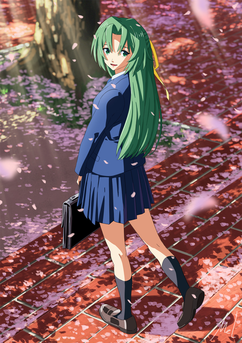 1girl bag black_legwear blue_serafuku blue_skirt calf_socks cherry_blossoms green_eyes green_hair highres higurashi_no_naku_koro_ni loafers long_hair looking_back mac_naut pleated_skirt ribbon scenery school_uniform serafuku shoes skirt socks solo sonozaki_shion sunlight uniform yellow_ribbon