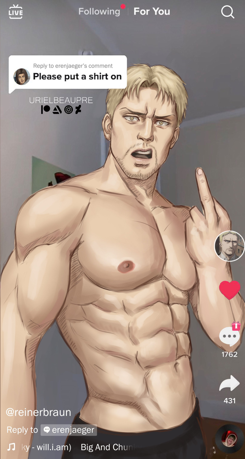 1boy abs absurdres artist_name bara blonde_hair brown_eyes dialogue_box eren_yeager facial_hair heart highres large_pectorals male_focus meme middle_finger muscular muscular_male navel nipples open_mouth pectorals reiner_braun shingeki_no_kyojin short_hair solo tiktok topless_male urielbeaupre15