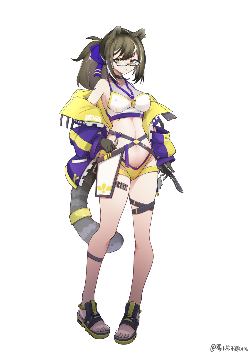 1girl absurdres alternate_costume animal_ears arknights artist_name bangs barcode barcode_tattoo bare_shoulders bespectacled bikini black-framed_eyewear black_footwear black_gloves blue_bow bow breasts brown_hair closed_mouth collarbone eyebrows_visible_through_hair film_grain glasses gloves hair_bow hand_on_hip highres hinanawi_mika holding holding_knife jacket knife leg_tattoo medium_breasts mismatched_bikini navel off_shoulder open_clothes open_jacket ponytail purple_jacket raccoon_ears raccoon_girl raccoon_tail rectangular_eyewear robin_(arknights) sandals semi-rimless_eyewear simple_background solo standing stomach swimsuit tail tattoo thigh_strap under-rim_eyewear whistle whistle_around_neck white_background white_bikini yellow_bikini