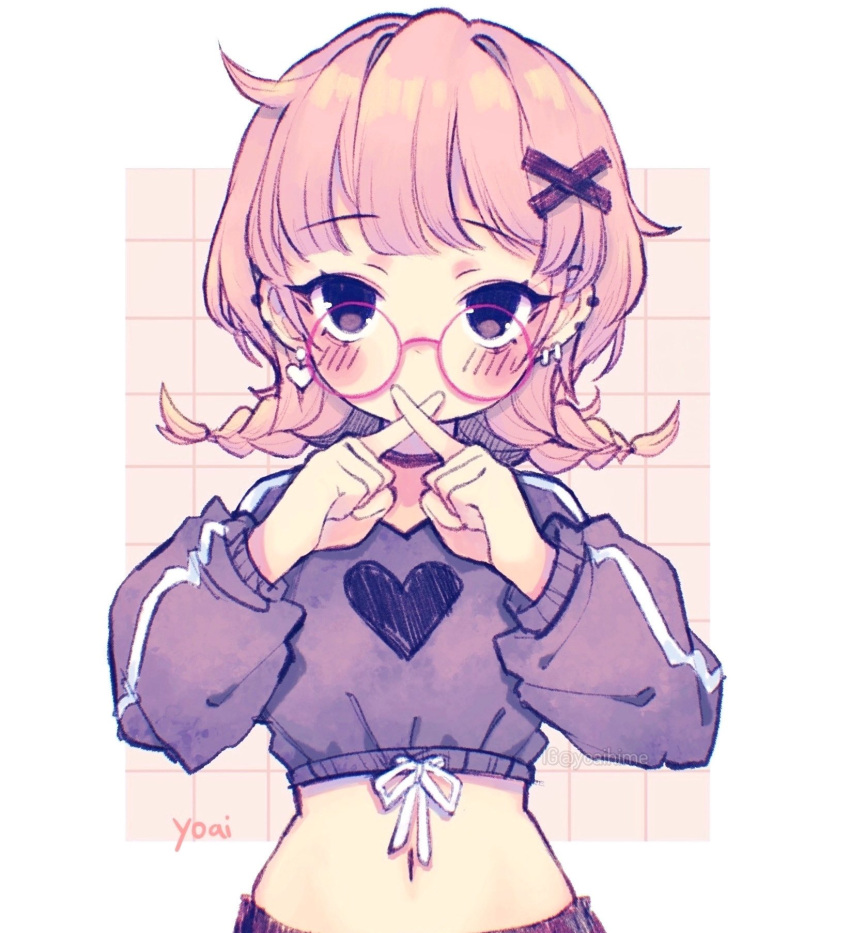 1girl anny_(yoai) bangs black_shorts black_sweater blunt_bangs braid brown_hair commentary cropped_sweater crossed_fingers drawstring ear_piercing fingers_to_mouth glasses hair_ornament heart heart_print highres long_sleeves marker_(medium) midriff navel original piercing pink-framed_eyewear puffy_long_sleeves puffy_sleeves round_eyewear shorts solo sweater sweatshirt traditional_media twin_braids x_hair_ornament