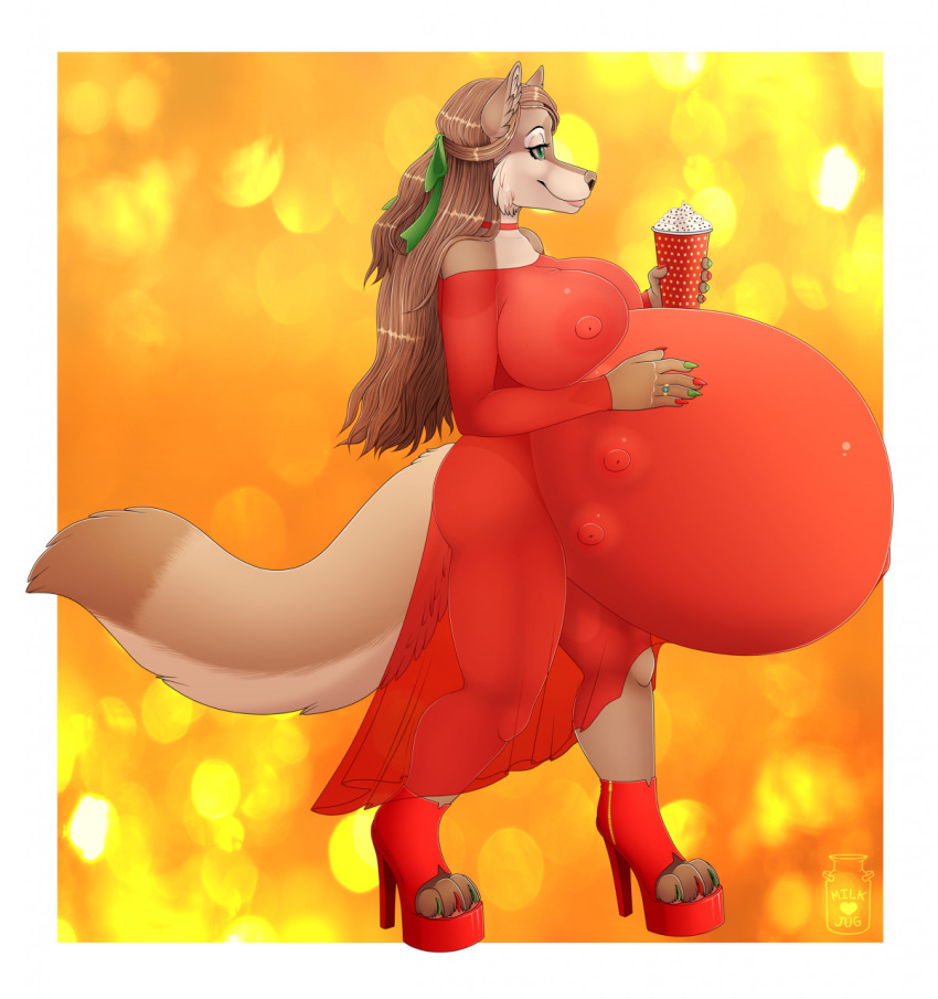 anthro beverage breasts canid canine canis female hair hi_res mammal milk-jug pregnant solo wolf