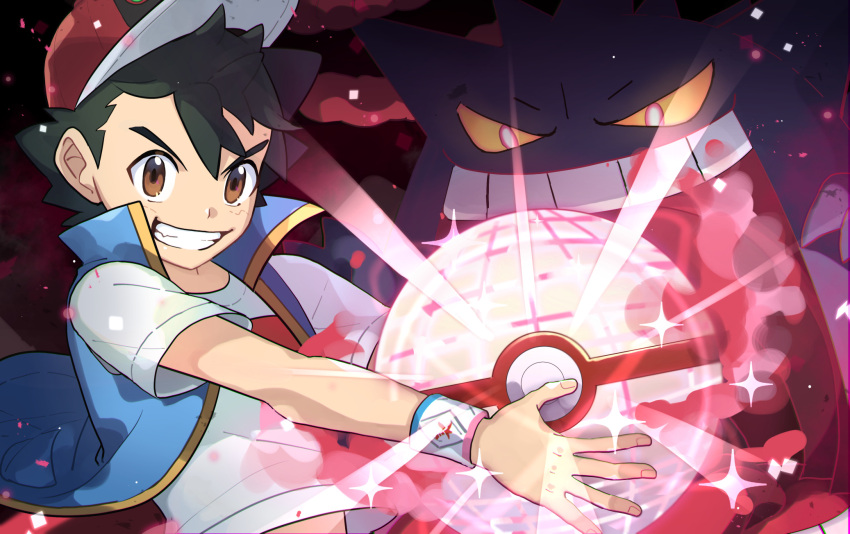 1boy ash_ketchum bangs baseball_cap black_hair blue_jacket brown_eyes commentary_request dynamax_ball dynamax_band energy gengar gigantamax gigantamax_gengar grin hat highres holding holding_poke_ball jacket male_focus open_clothes open_jacket ou_negi poke_ball pokemon pokemon_(anime) pokemon_(creature) pokemon_swsh_(anime) red_headwear shirt short_hair short_sleeves sleeveless sleeveless_jacket smile sparkle t-shirt teeth white_shirt