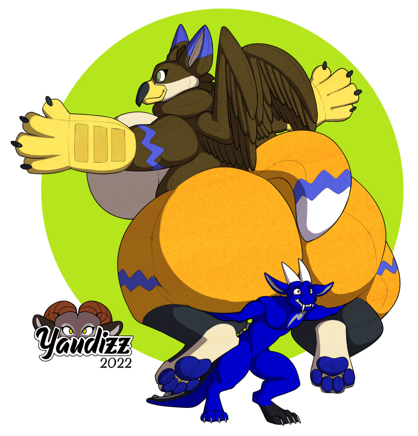 absurd_res anthro avian bird butt curvy_figure dragon duo female gryphon heavy hi_res hybrid keys_(keysthedragon) lifting male male/female mature_female mythological_avian mythology pawpads paws plushie size_difference thick_thighs velux voluptuous wide_hips wings yaudizz