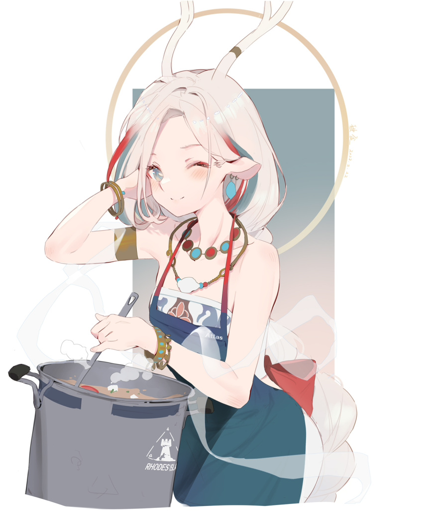 1girl ;) a_deer_of_nine_colors alternate_costume alternate_hairstyle animal_ears antlers apron arknights arm_up armlet artist_name atianshi_attas bare_shoulders blue_eyes blue_hair blush bracelet braid closed_mouth collarbone commentary_request cooking cowboy_shot earrings forehead gradient gradient_background green_apron hand_in_hair highres jewelry long_hair looking_at_viewer multicolored_hair necklace nine-colored_deer one_eye_closed pot red_hair rhodes_island_logo silver_hair single_braid smile solo streaked_hair very_long_hair white_background